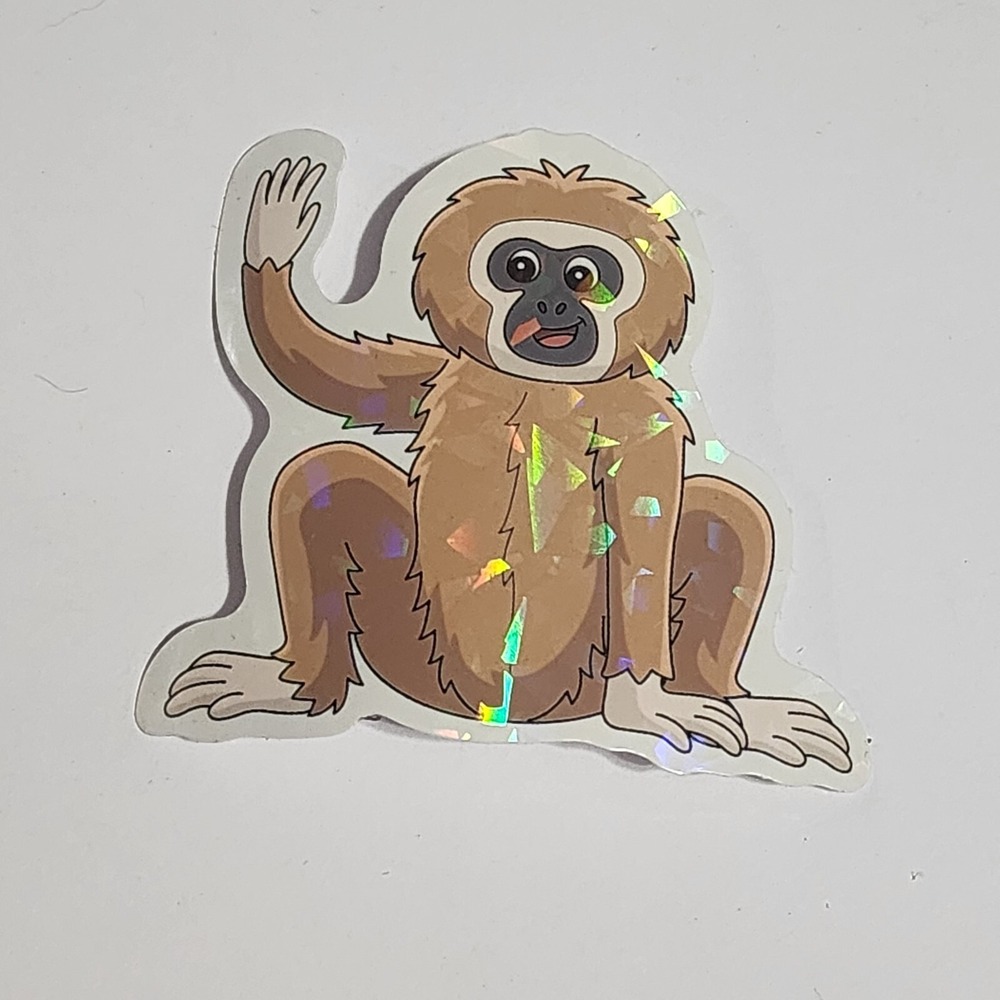 Gibbon Monkey Cartoon Sticker Decal Shiny Holographic 2.5 Inch Waving Primate
